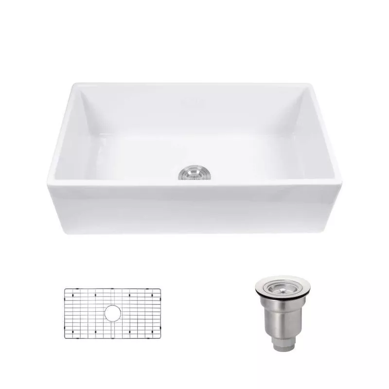 Rene 33″ Fireclay Farmhouse Sink, White, R10-3001-ST-B